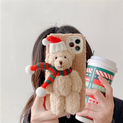 Warm Plush Christmas Bear Gift Phone Case For iPhone 12 11 Pro Max Mini XS Max XR X 7 8 Plus Cute Cartoon Furry Fluffy Fur Cover