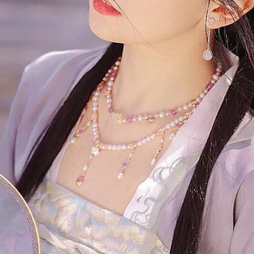 XinHuaEase Antique Hanfu Fresh Pearl Necklace Antique Hair Tassel Accessories Costume Chinese Style Tanling Decorative Folk Girl