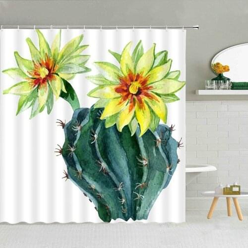 Funny Cactus Yellow Flower Shower Curtain Tropical Desert Succulent Potted Plant Children Bathroom Decor Waterproof Curtains
