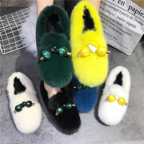 Ladies Fur Flat Shoes Indoor Winter Warm Peas Shoes 100% Mink Fur Ladies Furry Shoes
