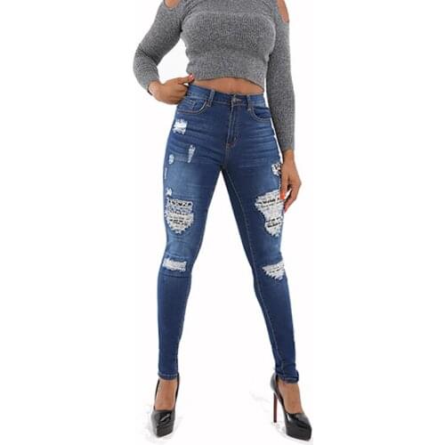 Plus Size Women High Waist Skinny Jeans Leopard Patchwork Casual Holes Ripped Pencil Pant Stretch Slim Trouser