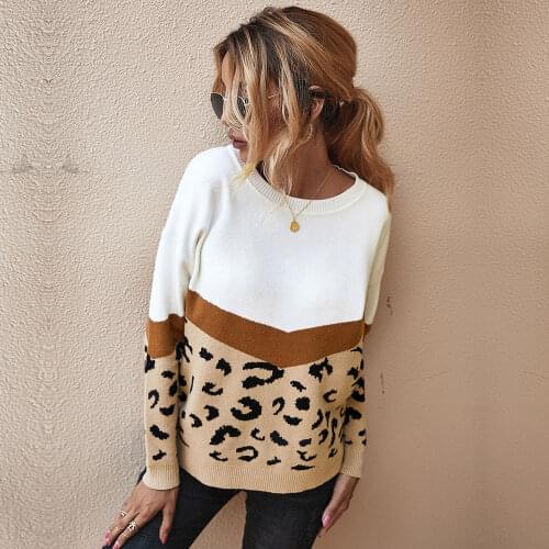 2021 Autumn New Women Fashion Long Sleeve O-neck Leopard Print Knitted Sweaters Jumper Pullovers Casual Streetwear Sweater