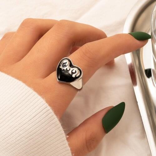 Tocona Creativity Heart Cute Ring for Women Black Dripping Oil Silver Color Alloy Metal Party Jewelry Accessories Anillo 19848