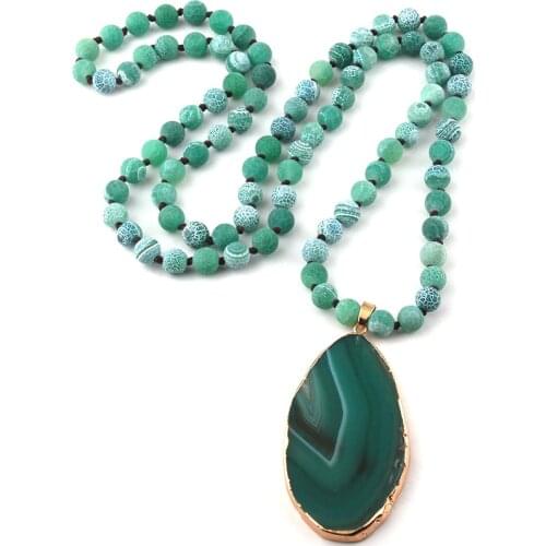 Fashion Semi Precious Stones Weathered Agat long Knotted Natural Stone Pendant Necklace For Women Ethnic Necklace