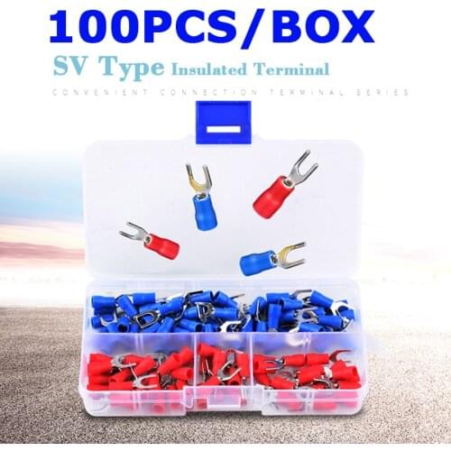 100PCS Wire Connector Terminals SV1.25 SV2 Fork Furcate Crimp AWG22-10 Insulated Jst Tin Terminales Electricos Para Cable Joints