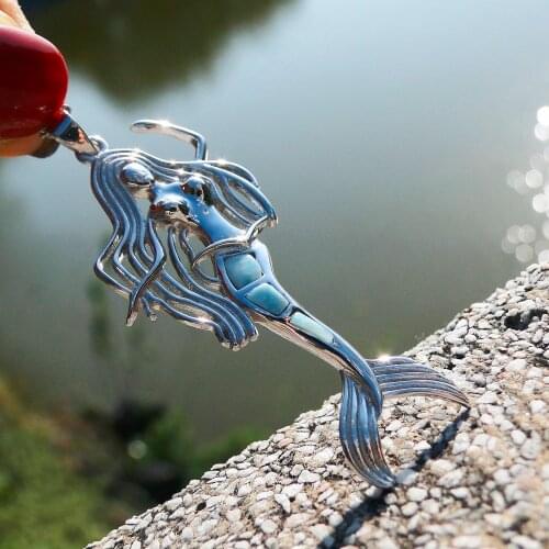 100% 925 Sterling Silver Natural Larimar Mermaid Pendant Charm Pendant Bohemian Style Mermaid Jewelry Gift for Women