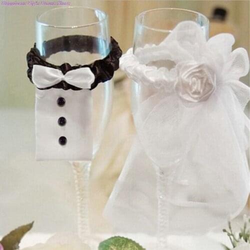2Pcs/Lot Wedding Bride Groom Dress Wine Cups Wraps Champagne Glass Bottles Cover Wedding Party Events DIY Decoration Ornaments