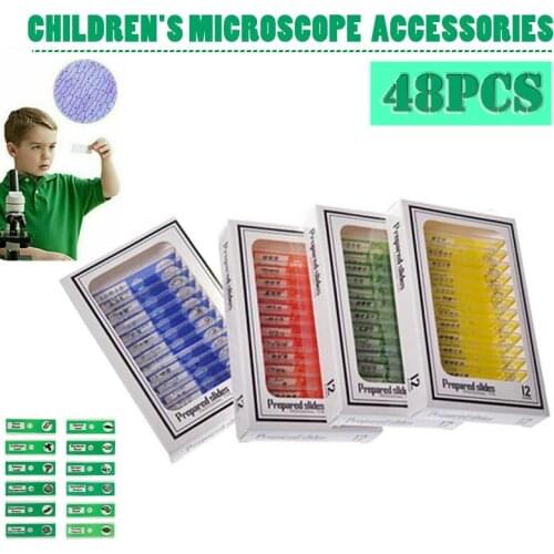 48pcs Kids Plastic Microscope Prepared Slides Animals Insects Plants Vegetables Specimens Microscope Slides Plastic Cover Slips