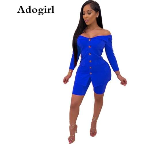 Adogirl 2019 Fall Casual Two Piece Set Buttons Off Shoulder Long Sleeve Blazer Top+ Shorts Women Business Suit Office Lady Wear