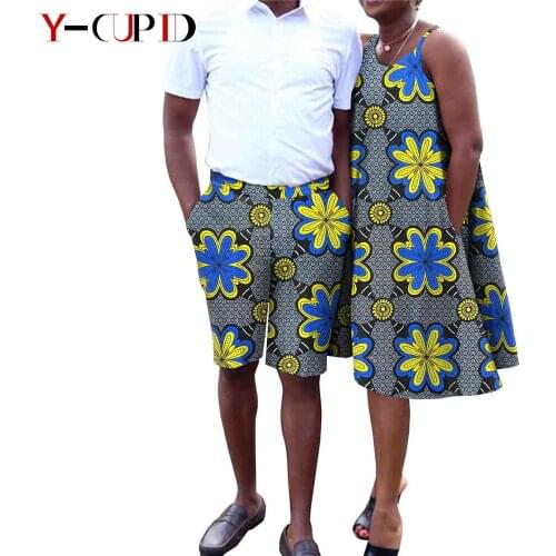 African Print Dresses for Women Bazin Riche Plus Size Loose Dress Attire Matching Men Outfits Short Pants Couple Clothes Y21C011