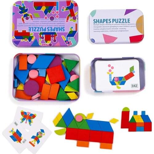 Kids Preschool Montessori Shapes Puzzle Toys 36pcs Wooden Sorting Stacking Puzzle With 50pcs Cards Educational Toys For Children