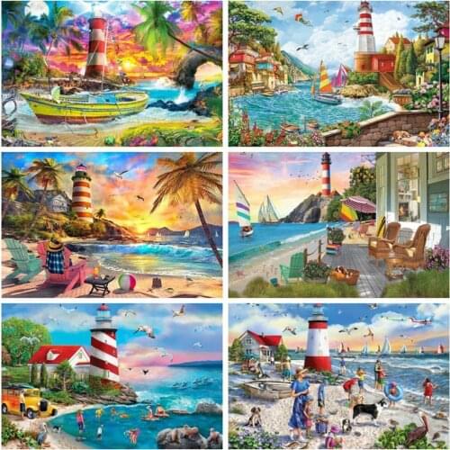 EverShine 5D DIY Diamond Painting Lighthouse Cross Stitch Diamond Mosaic Seaside Rhinestones Art Bead Embroidery Home Decor