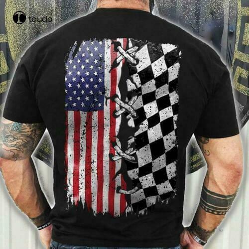 New Dirt Track Racing American Flag Tshirt Men Black Cotton Tee Shirt