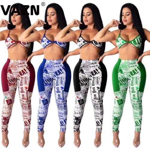 VAZN Sexy club 2020 summer sexy lady 4 colors letters print 2-piece set spaghetti strap short tops long pants set lady chic sets