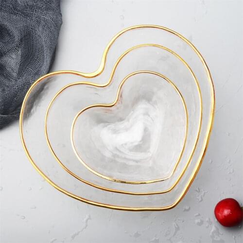 Creative Glass Bowl Fruit Salad Bowl Noodle Rice Bowl Crystal Heart Shaped Golden Edge Glass Bowl Decoration Breakfast Tableware