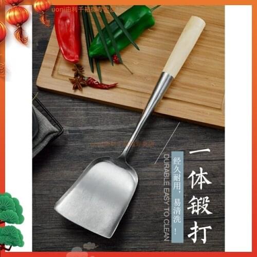 Long wooden handle forging Chinese style cooking spatula iron pot household wok spoon stainless steel shovel