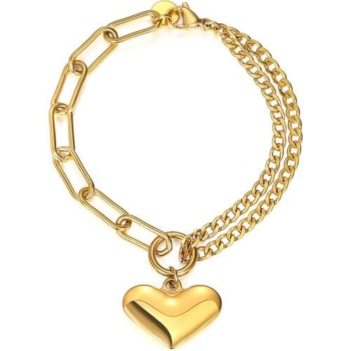 Chunky Heart Love Charm Bracelet for Women Stainless Steel Curb Cuban Paperclip Link Chain Double Layered Fashion Jewelry DB316