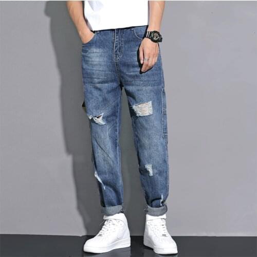 Men Frayed Jeans Ripped Fashion Hole Casual Oversize 5XL Loose Straight Fit Male Trouser Denim Pants