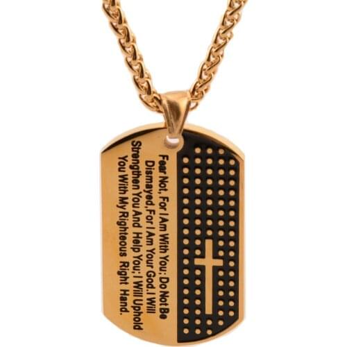 Mens Hip Hop Gold Tone Stainless Steel Bible Cross Army Tag Pendant free Wheat Chain Necklace