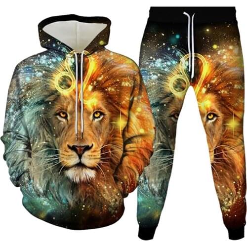 Men Spring Autumn Tracksuit Outfits Womens Animal Lion Harajuku Style Printed Hoody Sweatshirt+Jogger Pants Casual Suit 2 Piec