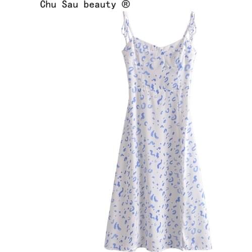 Y2k New Fashion Summer Vintage Sexy Square Neck Side Slit Slim Strap Dress Woman Vacation Printing Midi Dress