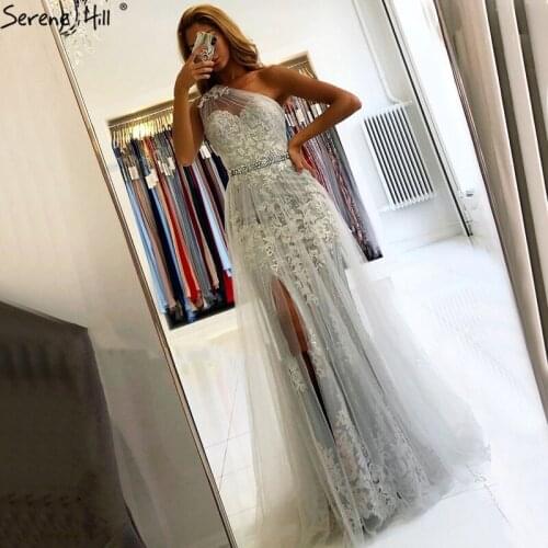 Serene Hill Grey Mermaid One Shoulder Sexy Evening Dress 2020 Handmade Flowers Pearls Formal Party Wear Gown CLA70635