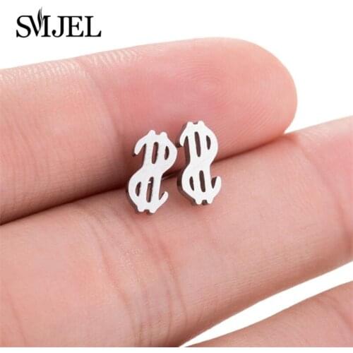 SMJEL Dollar Sign $ Shape Stud Earrings Women Men Pendientes Hombre Bohemian Jewelry Stainless Steel Gold Earrings