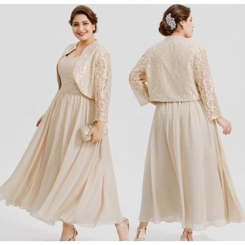 Plus Size Chiffon Mother of the Bride Dresses With Long Sleeves Lace Jackets Ankle Length A-Line Wedding Guest Dress
