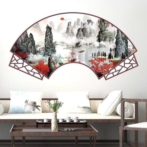 [shijuekongjian] Chinese Style Mountains Wall Stickers DIY Fan-shaped Landscape Mural Decals for Living Room House Decoration