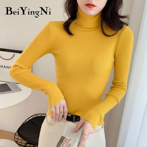 Beiyingni Women Turtleneck Sweater Vintage Classic Knitted Pullovers Female Plain Knitwear Casual Autumn Winter Jumper Pull 2021
