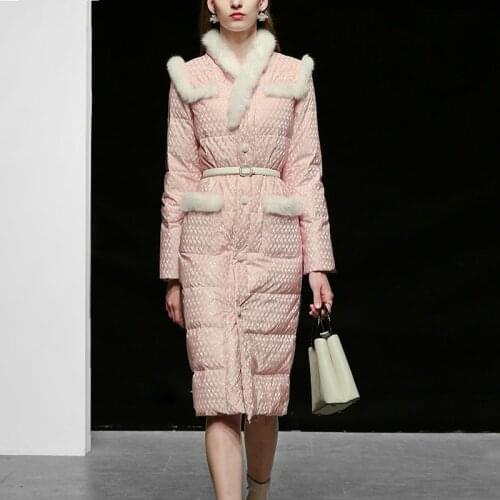 White Duck Down Women New Winter Clothes Fashion Elegant Hair Slimming Patchwork Jacquard Jacket Lady Long Coat