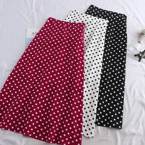 Womens Black White Red Long Skirts Streetwear Summer Casual Chiffon Print Dot-Print Skirt Female High Waist Midi Pleated Skirt
