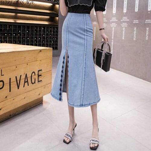 2021 Womens Spring/Summer Skirt Personality Split Embroidered Mermaid Skirt Mid-length High Waist Korean Ladies Denim Skirt New
