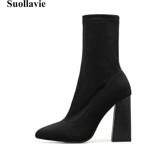 2019 Women Boots Strange Style Thick High Heels Autumn Winter Female Short Fashion Stretch Lycra Sock Shoes Woman Zipper