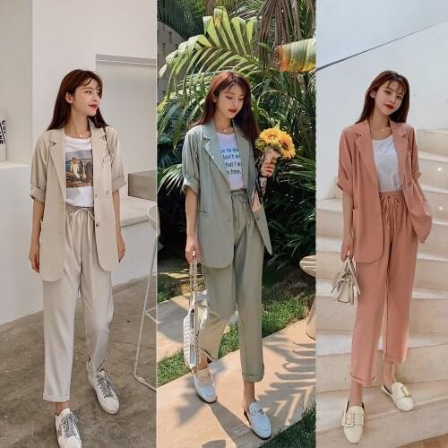 2021 Spring Summer Women Suits Office Sets Girlfriends Korean Style Two Piece Set Drawstring Pant Suits For Women Office Lady