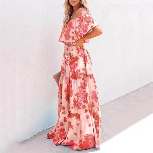 Womens Printed Big Swing Dress Western Red Blue Rainbow Color Long Skirt Summer One Shoulder Sexy Fashion Vacation Sweet 2021