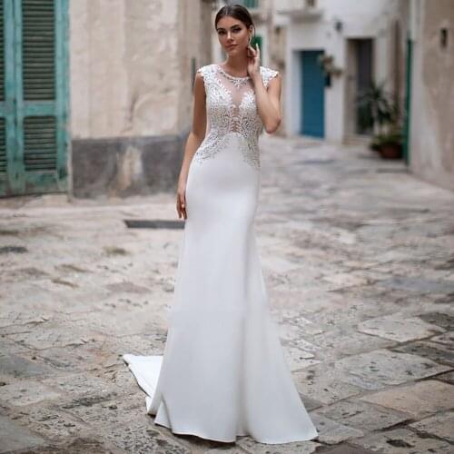 Eightree Mermaid Wedding Dresses Beach Boho Luxury Lace Beading Trumpet Bridal Dress Plus Size O-Neck Satin Wedding Gowns