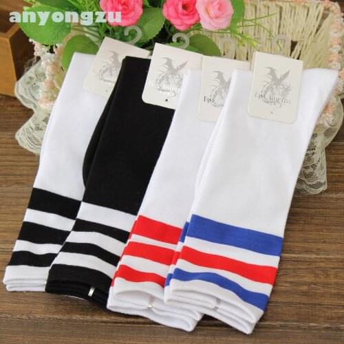 20 pairs/lot New Three Blue Red Black White Colorful Bars Sock Japan Style Long Over Knee Female Socking Womens Clothes A2W2065