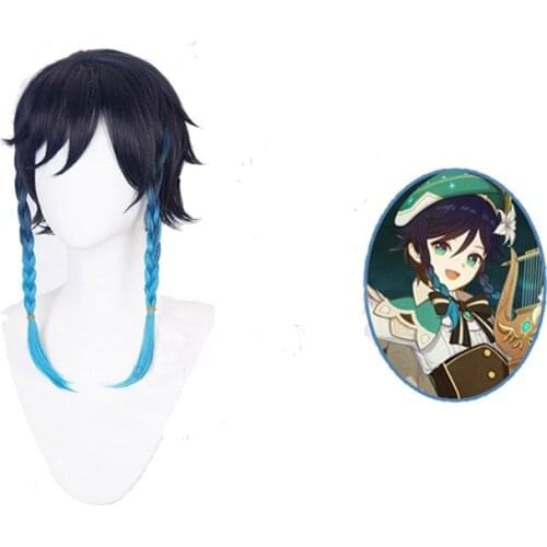 2020 Game Costume Genshin Impact Venti Cosplay Wig Gradient Blue Mixed Color+Free Wigs Cap High Temperature Resistant Wire