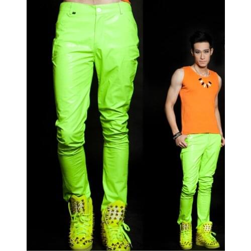 27-44 ! Fashion Mens Brand Stage Singer Clothing Candy Neon Fluorescent Green Casual Pants Costumes Costume Plus Size Trousers
