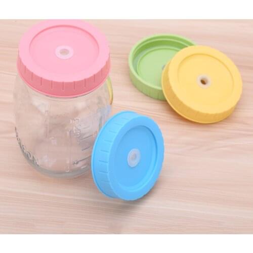 4 Leak Proof Plastic Storage Lids Decorative Mason Jar Caps with Hole Non Splash 70mm Inner Diameter Drinking Jar Canning Covers