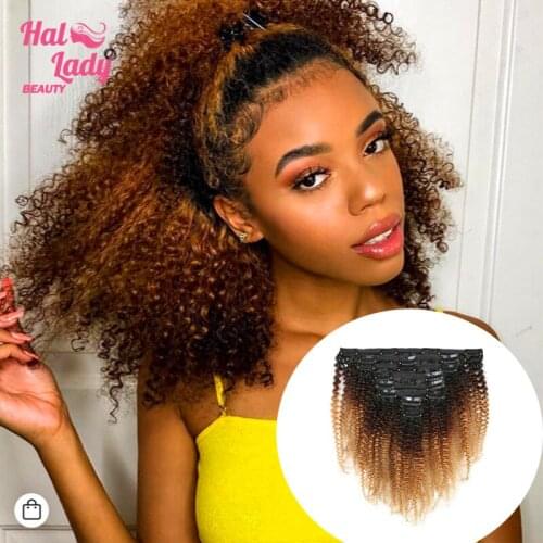 Halo Lady 8Pcs Set Thick Afro Kinky Curly Clip ins Hairpiece Hair Extensions Red 1b 99j Ombre Brazilian Non-Remy Full Clips Hair