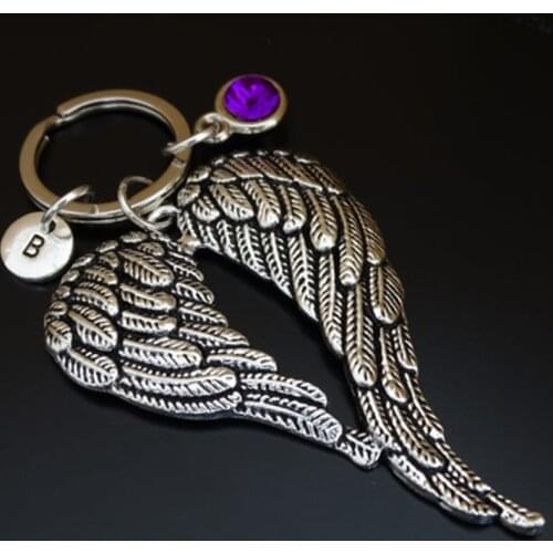 A-Z 26 Initial Letters Fashion Key Ring Metal Key Chain Keychain Jewelry Antique Silver Color Angel Wings Birthstone Pendant