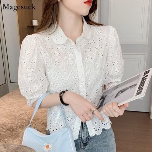Korean Style Fashion Womens Tops Summer Lace Vintage Shirt Crochet Flower Hollow Ladies Blouse Short Sleeve Slim Shirts 14030