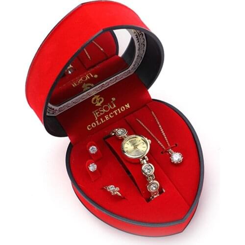 Womens Watches Gift Set with Box Crystal Design Necklace Earrings Ring Jewelry Set Fashion Lady Quartz Watch Gifts for Female