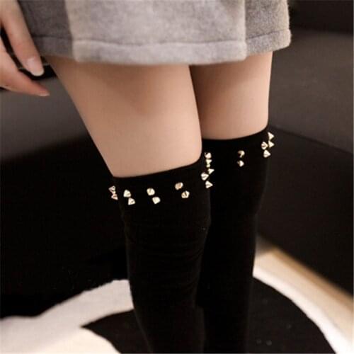 CHSDCSIMetal Spike Rivet Leg Warm Stockings Women Fashion Punk Cotton Girls Black Sexy Stockings Above Knee Absorb Sweat Hosiery