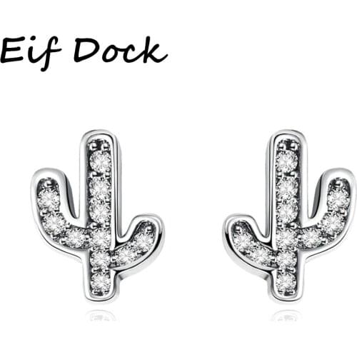 Eif Dock Silver Color Pave Zircon Cactus Stud Earrings for Fashion Women Creative Luxury Bohemian Jewelry Earrings