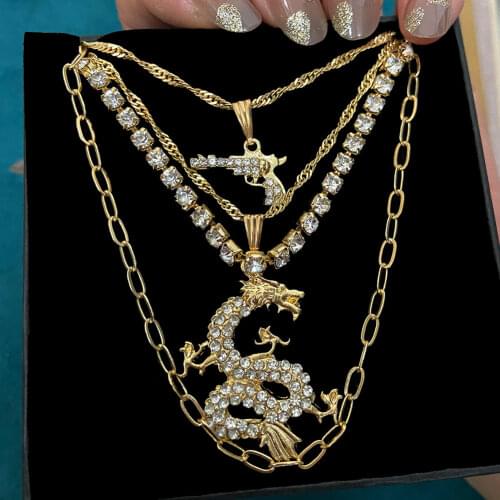 Flatfoosie Punk Multilayer Pistol Gun Pendant Necklace For Women Gold Letter Dragon Cross Crystal Chain Necklace Party Jewelry