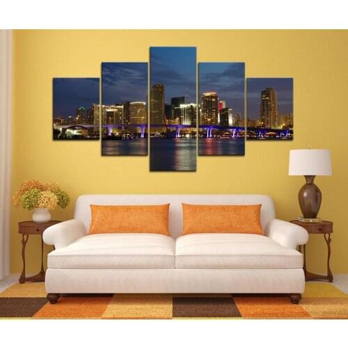 Miami Night Panorama Canvas Painting Wall Art Game 5 Pieces Prints Home Decor Picture Panels Poster For Linving Frame