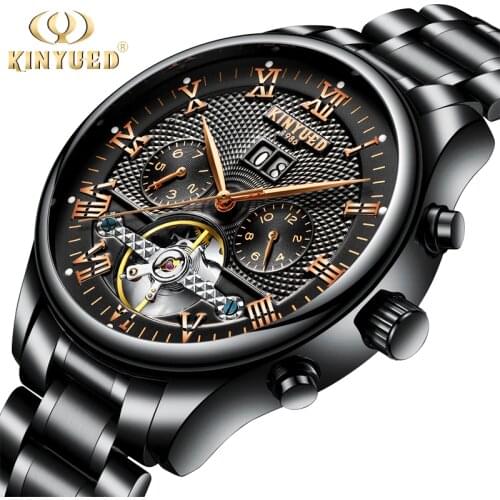 KINYUED Mens Perpetual Calendar Automatic Mechanical Watches Sapphire Stainless Steel Skeleton Watch Men Black Reloj Hombre 2020